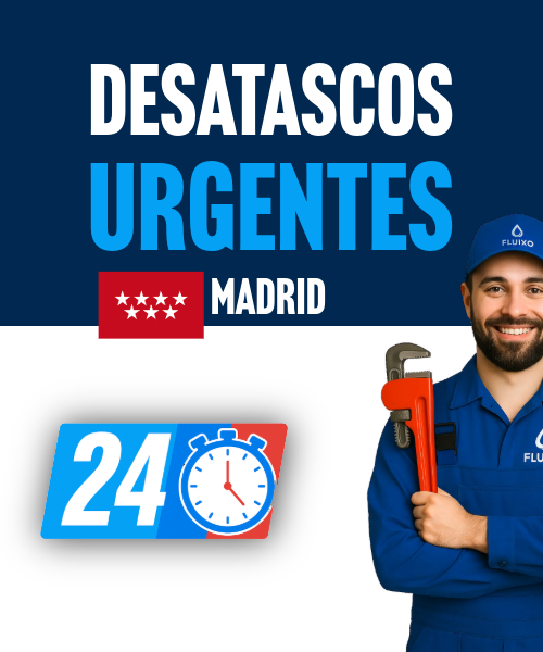Imagen representativa del servicio de Desatascos Urgentes de Fluixo, disponible las 24 horas. Atención rápida y profesional en viviendas, comunidades y empresas de la comunidad de madrid