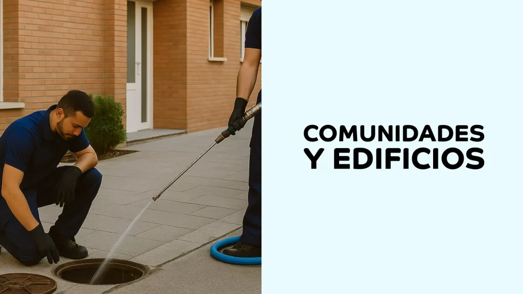 Técnico de Fluixo realizando limpieza y mantenimiento de bajantes en edificio residencial en Madrid