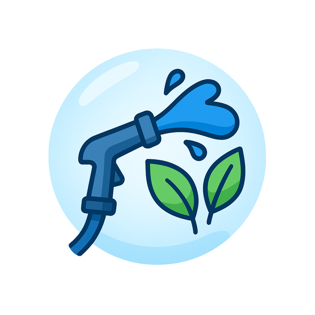 Icono de manguera lanzando chorro de agua con hojas verdes representando limpieza sin químicos