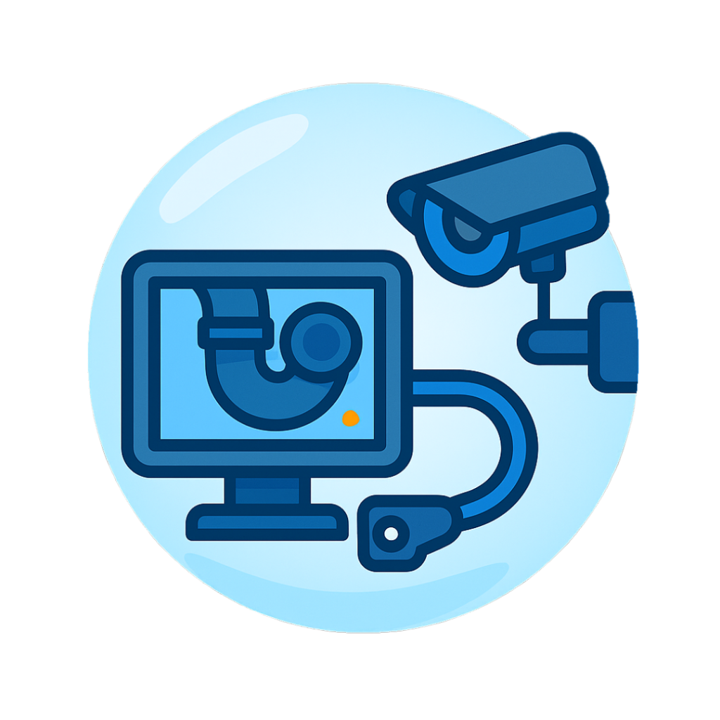 Icono de cámara CCTV y monitor mostrando tubería, representando inspección de tuberías con cámara