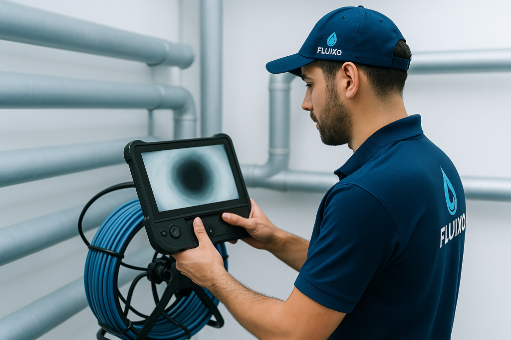 Técnico de FLUIXO revisando una tablet con sistema de inspección digital frente a tuberías limpias y modernas en instalación industrial.