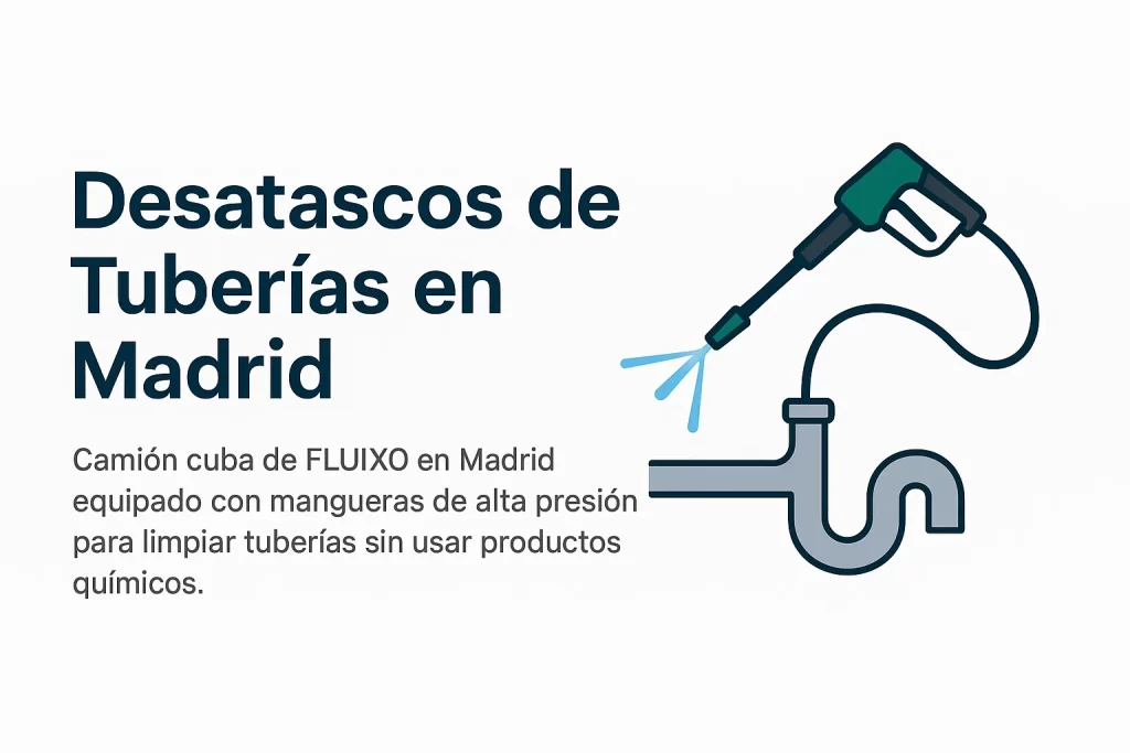 Gráfico de FLUIXO mostrando el servicio de desatascos de tuberías en Madrid con limpieza a alta presión sin usar productos químicos.