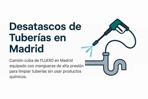 Gráfico de FLUIXO mostrando el servicio de desatascos de tuberías en Madrid con limpieza a alta presión sin usar productos químicos.