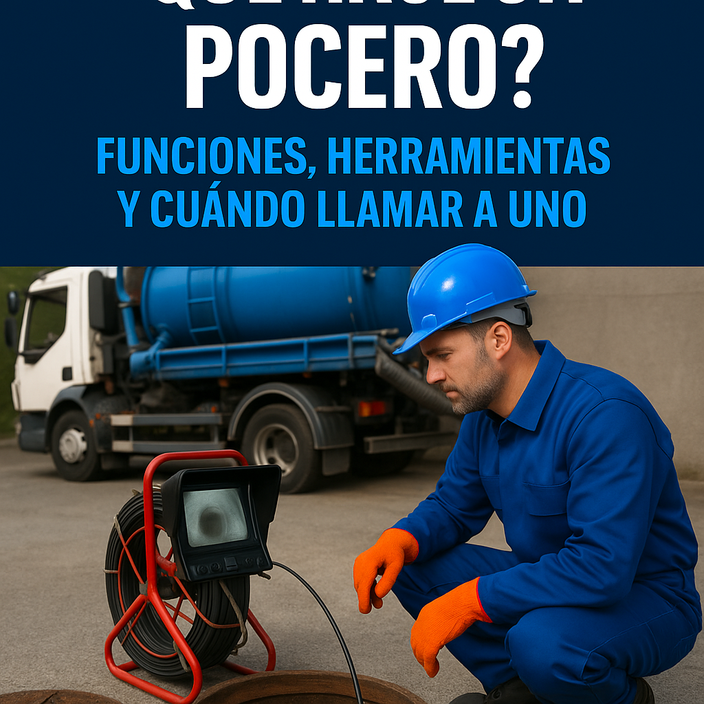 Pocero inspeccionando una arqueta con cámara CCTV junto a camión cuba